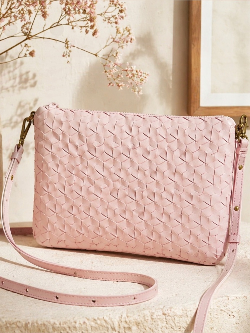 Madewell Puff Woven Leather Crossbody Bag Pink NWT Small Clutch Strap